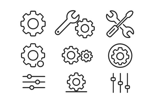 Settings icon set. Mechanism and tools. Gear, cogwheel, wrench, screwdriver. Concept of repair, maintenance, configuration, options. UI UX web app symbol. Vector line icons.