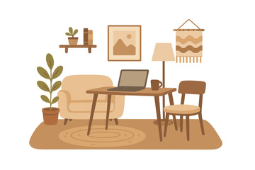 Cozy home office interior for remote work. Hygge and boho style workspace with laptop, desk, and chair. Freelance or student workplace concept. Modern vector illustration.