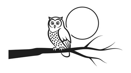 Owl Perched on Branch: A monochrome artwork showcases a detailed owl perched gracefully on a bare branch, with a full moon subtly placed in the background, conveying the serene tranquility of night.