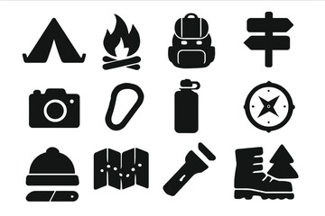 Outdoor adventure and camping icon set. Hiking equipment and travel symbols. Simple black silhouette glyph collection for tourism, trekking, and survival exploration vector.