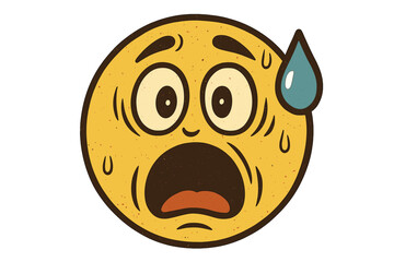 Retro vintage emoticon showing surprise and discomfort, astonished awkward smiley with open mouth, wide eyes, and large sweat drop, editable vintage emoji vector