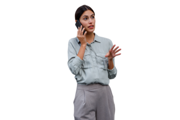 Woman having serious phone conversation, communicating and actively gesturing, discussing an important topic on mobile phone