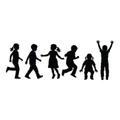 Energetic children silhouettes active play childhood fun group diverse movements dynamic poses joyful expression silhouette
