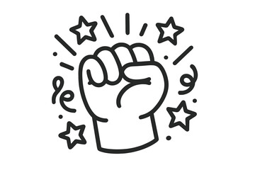 Bold punching fist icon with stars and celebration symbols, linear style vector cartoon illustration, empowerment and strength concept, energetic hand gesture design with transparent background
