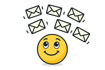 Receiving emails concept with happy emoji smiley looking up at falling envelopes, email communication illustration, digital inbox notification, message delivery vector graphic