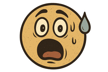 Retro vintage emoticon showing surprise and discomfort, astonished and awkward smiley vector with wide open eyes, open mouth, and water sweat drop, editable emoji design for emotions