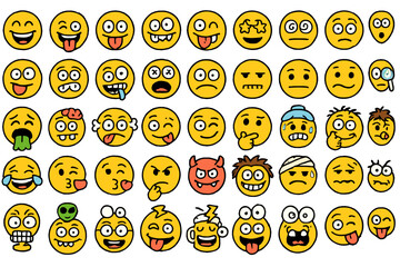 Set of 42 funny crazy emoticons and emoji icons, hand-drawn style vector smileys collection, humorous facial expressions, diverse emotions, transparent background, ordered set for design