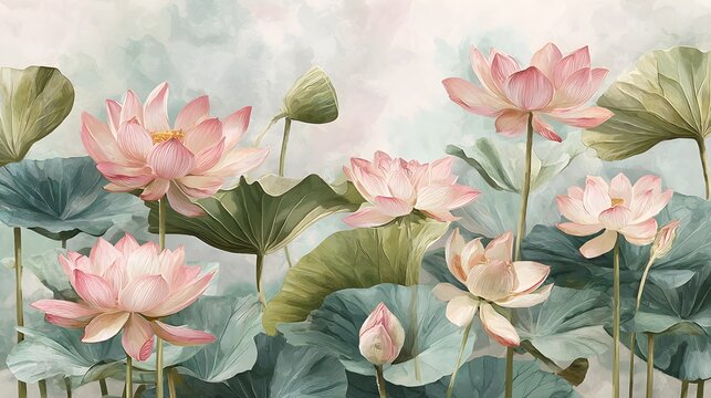 Delicate pink lotus flowers bloom gracefully with lush green leaves in a serene garden reflecting natural beauty and tranquility serene floral arrangement