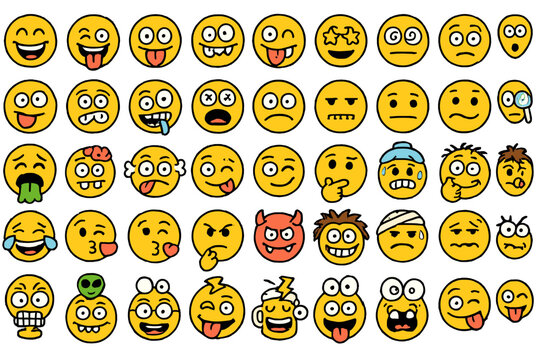 Set of 42 funny crazy emoticons and emoji icons, hand-drawn style vector smileys collection, humorous facial expressions, diverse emotions, transparent background, ordered set for design