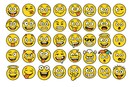 Set of 42 funny and crazy emoticons, emoji icon design, playful vector smileys, colorful expressive faces, cartoon emotions, transparent background, ordered collection
