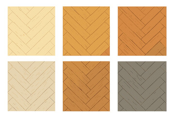 Set of six wooden parquet floor textures in various natural colors, Scandinavian style hand-drawn vector illustration, interior design elements, flat vector flooring patterns for modern decor