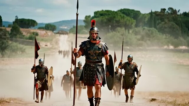 A Roman legionary marching with his cohort on a dusty road. Roman army, military, discipline, strength, history