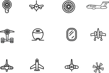 Black and white airplane icon set, includes jet engines, airplane front views, window, aircraft designs, aviation and travel vector symbols.