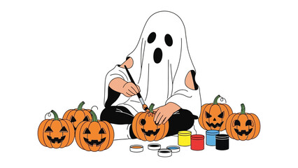 Halloween Pumpkin Decorating: A child, dressed as a ghost, engages in the festive art of carving jack-o'-lanterns, surrounded by pumpkins and paint.