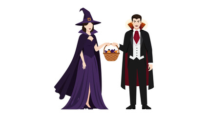 Halloween Costume Couple: A whimsical, eye-level shot of a witch and a vampire in Halloween costume, hand in hand and holding a small basket, creating a lively, artistic, illustration.