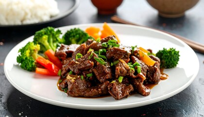 A close-up view of a white plate holds a savory meat dish with vegetables and sauce