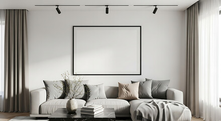 Elegant living room showcasing a comfortable sofa with decorative pillows, a blank picture frame on the wall, and a stylish coffee table, illuminated by track lighting and natural light, creating a so