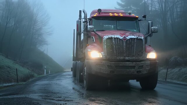 Log Truck Driving on a Foggy Road.