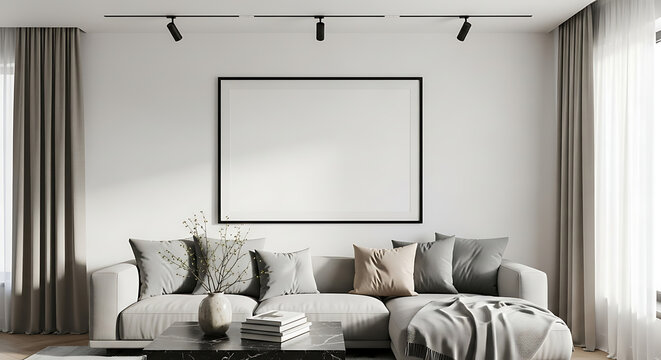 Elegant living room showcasing a comfortable sofa with decorative pillows, a blank picture frame on the wall, and a stylish coffee table, illuminated by track lighting and natural light, creating a so