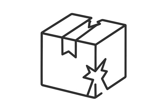 Thin line icon of broken box, damaged parcel concept, package with crack, container destruction symbol, vector cartoon illustration for apps and graphics, transparent background