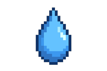Pixel style water drop icon, blue liquid droplet vector cartoon illustration, transparent background, pixel art design for digital and game assets, ordered set