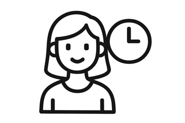 Woman silhouette with clock icon, time management concept, schedule planning, appointment reminder, punctuality, vector outline illustration for apps, web design, adverts, business cards