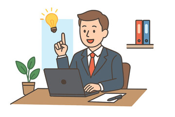 Businessman working on laptop with idea concept, office workspace with plant, files, and notepad, creative thinking, innovation, professional male employee vector illustration