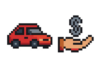 Fototapeta premium Car purchase, sale, or rental concept in pixel art. Hand with dollar sign for auto loan, insurance, or vehicle financing. 8-bit retro gaming style vector icon of a red automobile.