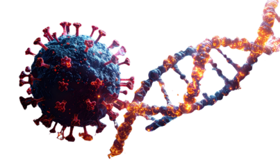 PNG Futuristic Molecular Biology Scene with Virus and DNA Helix, 3D Scientific Art, Background