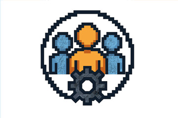 Teamwork icon pixel art style. Business management and collaboration concept. User group, human resources, and leadership symbol. Gear represents process and settings. 8-bit vector.