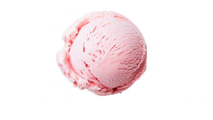 A close-up view of a perfectly round scoop of pink strawberry ice cream. its creamy texture and rich color against a clean white background. ideal for dessert menus and food photography