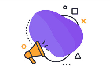 Megaphone announcement for promotion, sale, or contest. Vector banner with abstract liquid shape and geometric elements. Modern background design for marketing and social media.