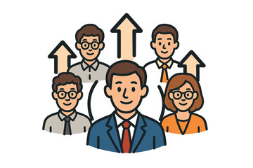 Business team growth and leadership concept. Group of office people with arrows pointing up. Symbol of success, career development, teamwork, and company progress. Vector icon.