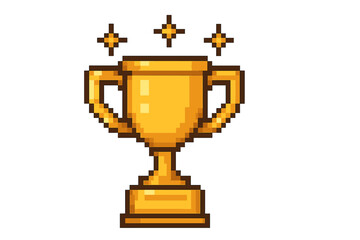 Pixel art trophy cup. Golden award for a winner. 8-bit video game icon for champions. First place prize symbol for victory and success. Retro gaming vector illustration.
