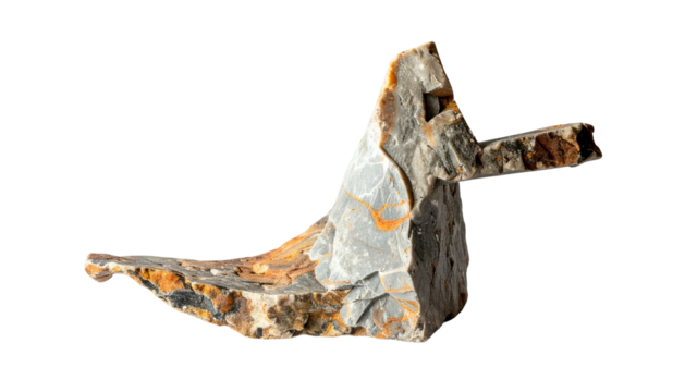 Jagged rock formation, with textured grey, orange, and brown patches