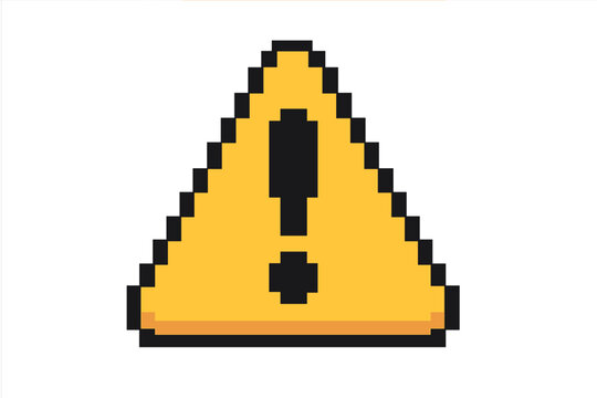 Warning pixel art icon. 8-bit retro video game style alert symbol. Yellow triangle with exclamation mark. Danger sign concept. Error message, attention notice. Vector asset.