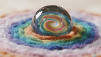 A clear crystal ball containing a colorful galaxy swirl, placed on a crocheted rainbow-colored wool base, evoking a sense of wonder and mystery.