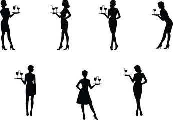 Elegant female silhouettes serving drinks, women holding trays with cocktails and wine, perfect for bar, restaurant, hospitality design themes