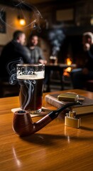 Naklejka premium Dark Pub Night with Drink and Pipe.