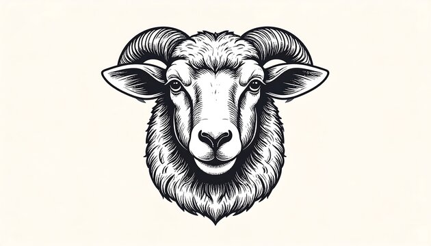 A monochrome illustration showcasing a ram's head, meticulously drawn with intricate line work, set against a creamy background