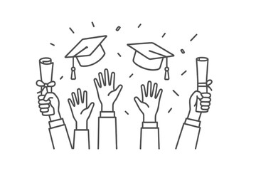 Graduation party celebration with students throwing academic hats. Graduates hands holding diplomas. University, college, or highschool event. Thin line vector icon concept.
