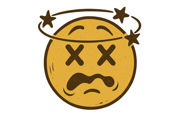 Retro vintage dizzy emoticon with spinning stars. Confused, stunned, and knocked out smiley face. Unconscious character seeing stars. Sickness or dead emoji symbol vector.
