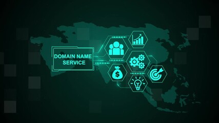 Domain Name Service, Hologram Futuristic Interface Concept. Business, Technology, Internet and network concept. Digital world map technology background.