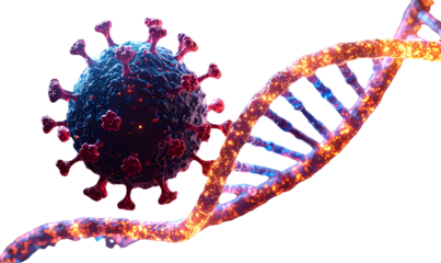 Transparent  Futuristic Molecular Biology Scene with Virus and DNA Helix, 3D Scientific Art, Background