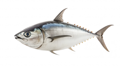 A beautifully captured bluefin tuna swimming gracefully against a clean white background. its sleek body and colors. ideal for culinary and marine life-related content