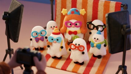 Naklejka premium A group of felt ghosts gathers for a fun photoshoot, all wearing colorful party hats and glasses in a photo studio.