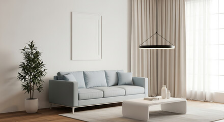 Modern living room design with gray sofa neutral curtains and contemporary furniture