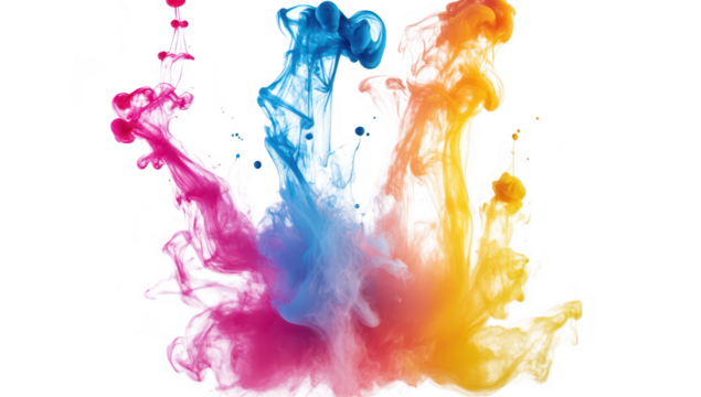 A explosion of colorful ink swirling and blending together in a dynamic fashion against a clean white background. ideal for creative projects and artistic expressions