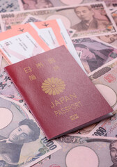 Japanese passport or id document with tickets for flight, travel, border crossing. Japan passport