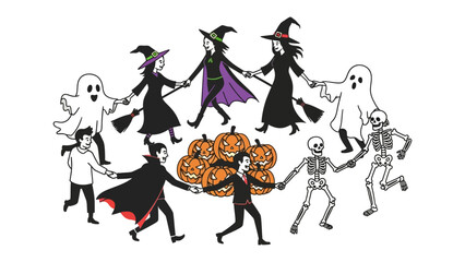 Halloween Circle of Joy: A whimsical Halloween illustration of a group of diverse characters joyfully dancing together in a circle, including a witch, a vampire, a ghost, and a skeleton.